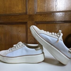 Cole Haan White Leather and Beige Suede Platform Sneakers with Gold Accent